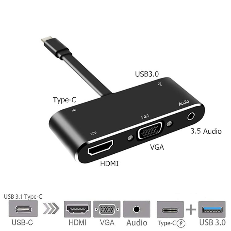 V126 UCB-C / Type-C Mâle vers PD + HDMI + VGA + Audio + USB 3.0 Femelle 5 en 1 Convertisseur