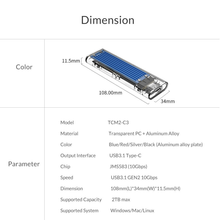 Boîtier SSD ORICO TCM2-C3 NVMe M.2 (10 Gbit/s)