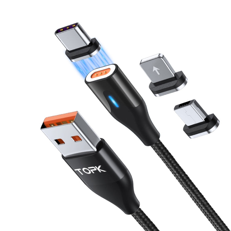 TOPK AM63 1m USB a 8 Pines + USB-C / Tipo-C + Micro USB 3 en 1 Conector de metal Magnético plano Cable de Datos de Carga Rápida Magnético trenzado de Nylon (Negro)
