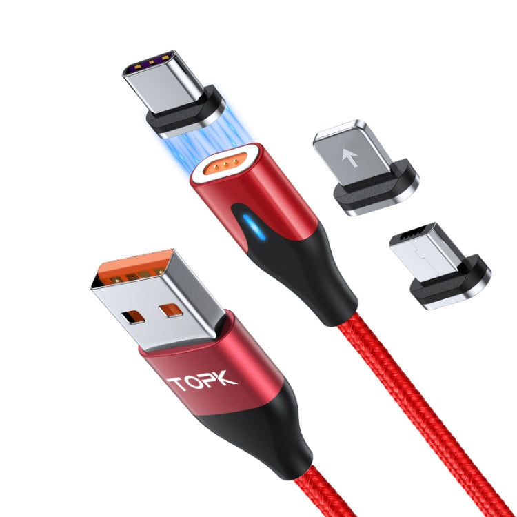 TOPK AM63 1m USB to 8 Pin + USB-C / Type-C + Micro USB 3 in 1 Flat Magnetic Metal Connector Nylon Braided Magnetic Fast Charging Data Cable (Red)