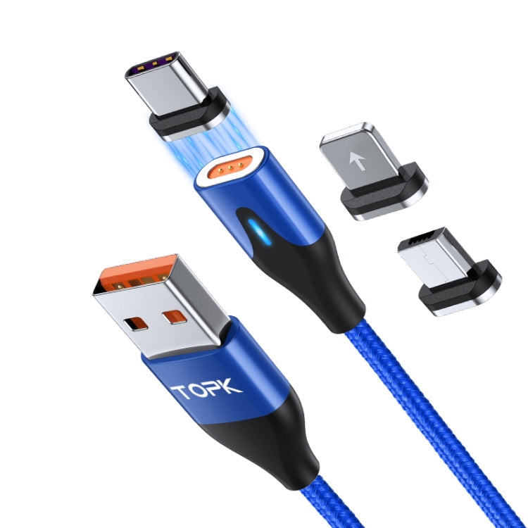 TOPK AM63 1m USB vers 8 Broches + USB-C / Type-C + Micro USB 3 en 1 Connecteur Métallique Magnétique Plat Nylon Tressé Magnétique Câble de Données de Charge Rapide (Bleu)