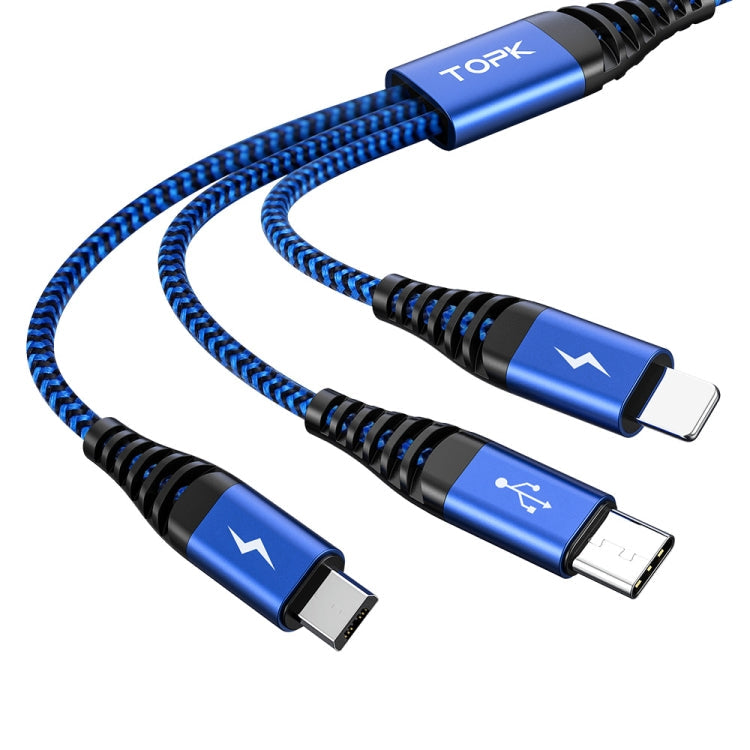 TOPK AN24 QC3.0 USB a 8 Pines + USB-C / Type-C + Micro USB 3 en 1 Cable de Datos de Carga Rápida oscilante (Azul)