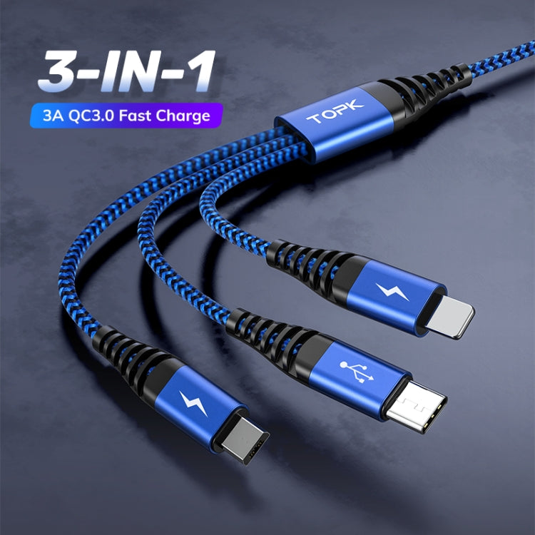 TOPK AN24 QC3.0 USB to 8 Pin + USB-C / Type-C + Micro USB 3 in 1 Swing Fast Charging Data Cable (Blue)