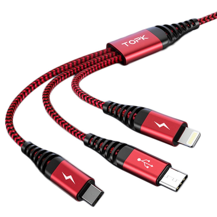 TOPK AN24 QC3.0 USB a 8 Pines + USB-C / Type-C + Micro USB 3 en 1 Cable de Datos de Carga Rápida oscilante (Rojo)