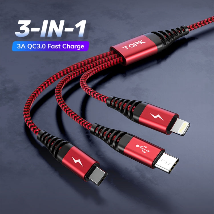 TOPK AN24 QC3.0 USB to 8 Pin + USB-C / Type-C + Micro USB 3 in 1 Swing Fast Charging Data Cable (Red)