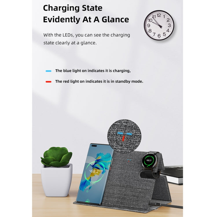 Rock RWC-0518 3 in 1 PU Leather Smart Wireless Charging Station for Huawei Watch / Smart Phones / Wireless Headphones (Grey)
