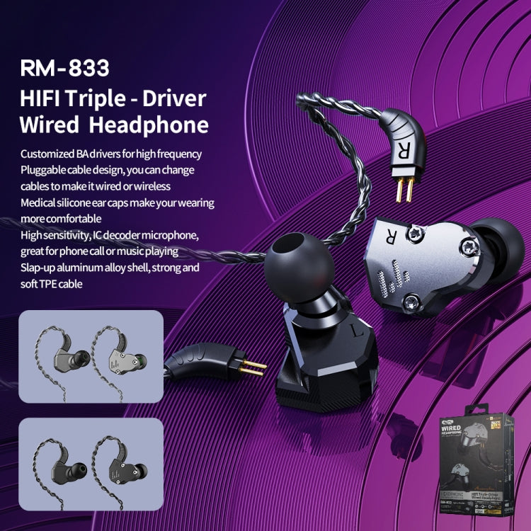 Remax RM-833 Casque Filaire Triple Driver HIFI Métal Longueur : 1.2m (Gris)