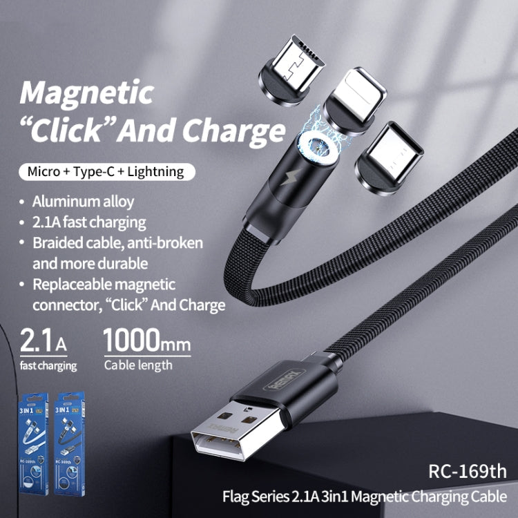 Remax RC-169TH MANDER Series 2.1A 3-in-1 8 Pin + Type-C / USB-C + Micro Magnetic Charging Cable Length: 1M (White)