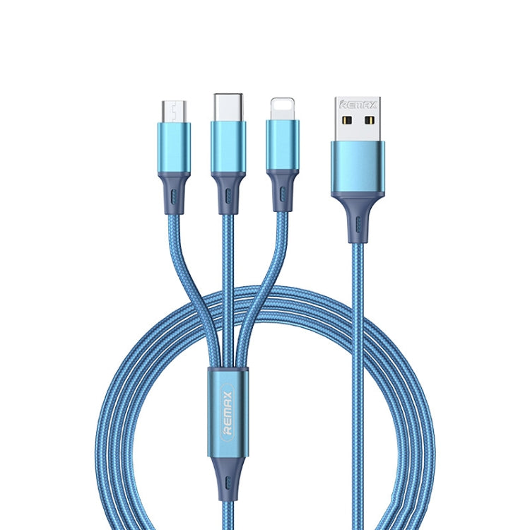 Remax RC-189TH Gition Series 3.1A 3 en 1 8 broches + Type-C / USB-C + Micro USB en alliage d'aluminium Longueur du câble : 1,2 m (Bleu)