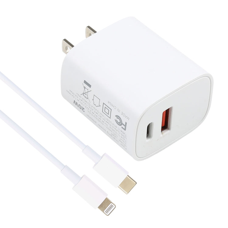U087 20W USB-C / Type-C + USB Ports Charger with 100W Type-C to 8 PIN Fast Charging Cable 1M US Plug