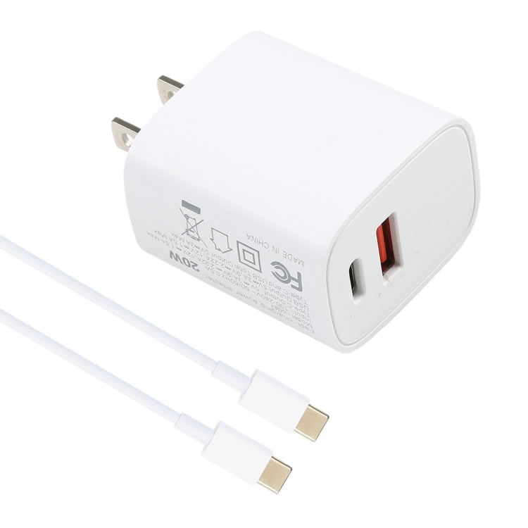 U087 Chargeur de ports USB-C / Type-C + USB 20W avec câble de charge rapide Type-C à Type-C 100W Prise US 2M