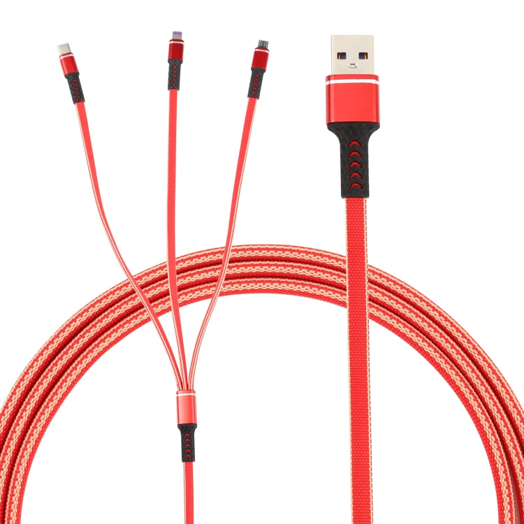 1,2 m USB auf 8 PIN + USB-C / Type-C + Micro USB 3 in 1 geflochtenes Nylon-Ladekabel (rot)