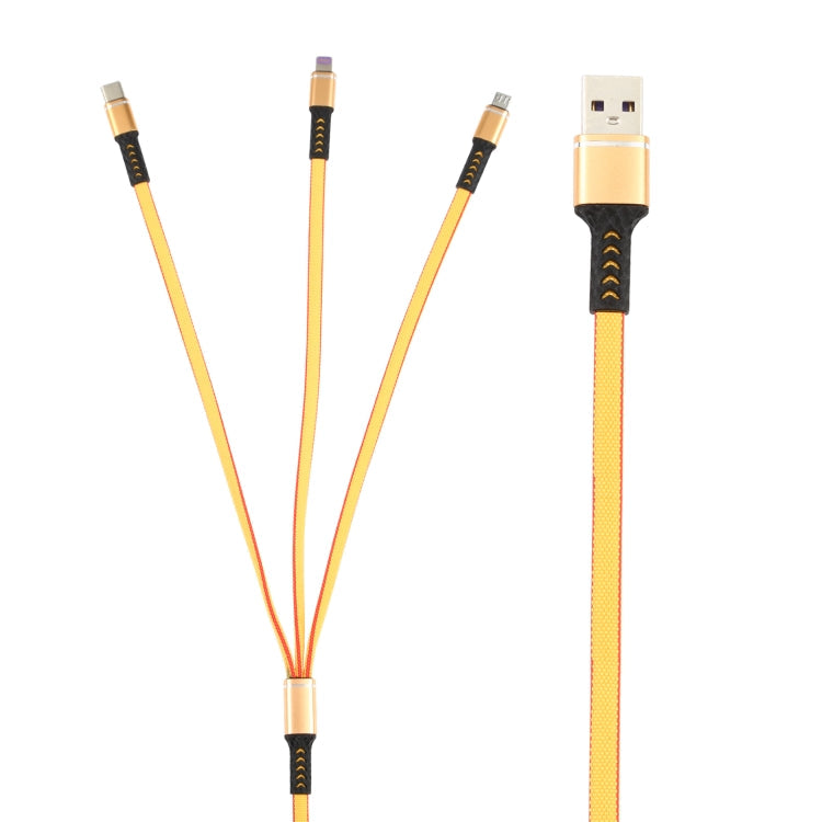 1.2M USB vers 8 PIN + USB-C / Type-C + Micro USB Câble de charge en nylon tressé 3 en 1 (Jaune)