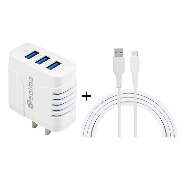 Solma 2 in 1 6.2A 3 USB Ports Travel Charger + 1.2M USB to Micro USB Data Cable Set US Plug