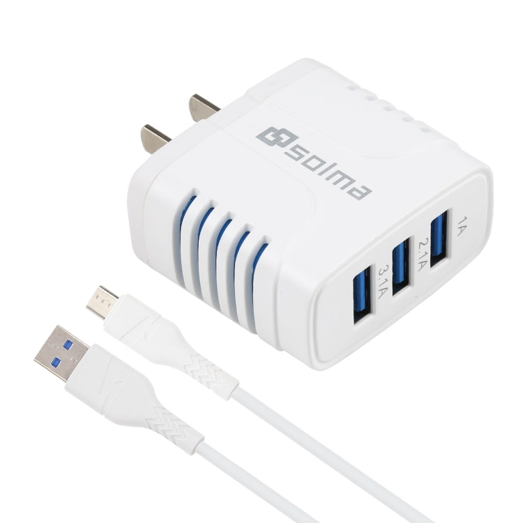 Solma 2 en 1 6.2A 3 Ports USB Chargeur de Voyage + 1.2M USB vers Micro USB Câble de Données US Plug