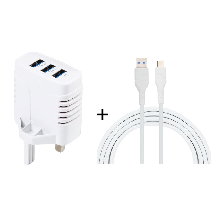 Solma 2 in 1 6.2A 3 USB Ports Travel Charger + 1.2M USB to USB-C / TYPE-C Data Cable Set UK Plug