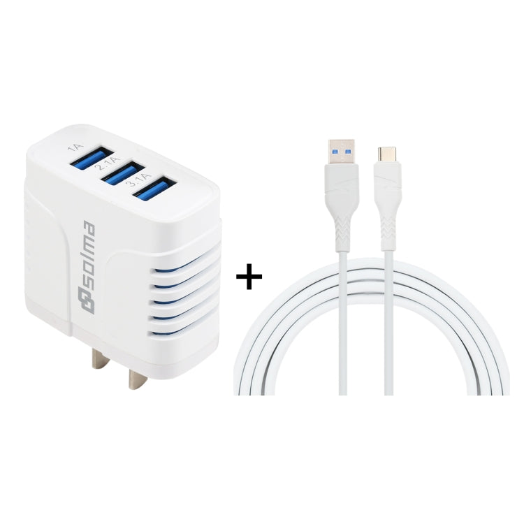 Solma 2 en 1 6.2A 3 Ports USB Chargeur de Voyage + 1.2M USB vers USB-C / TYPE-C Jeu de Câbles de Données US Plug