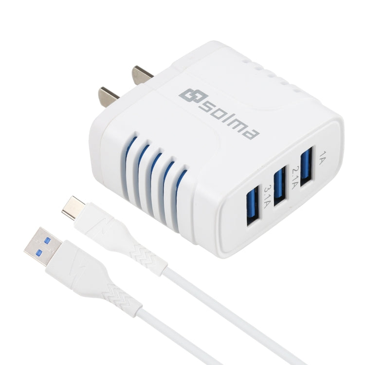 Solma 2 in 1 6.2A 3 USB Ports Travel Charger + 1.2M USB to USB-C / TYPE-C Data Cable Set US Plug