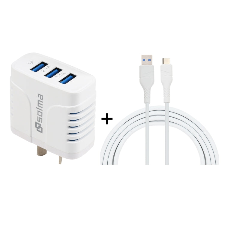 Solma 2 in 1 6.2A 3 USB Ports Travel Charger + 1.2M USB to USB-C / TYPE-C AU PLUG Data Cable Set