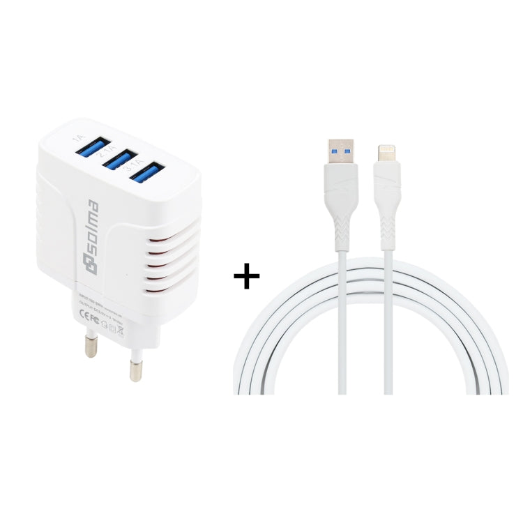 Solma 2 in 1 6.2A 3 USB Ports Travel Charger + Data Cable Set USB to 8 PIN to 8 PIN EU Plug