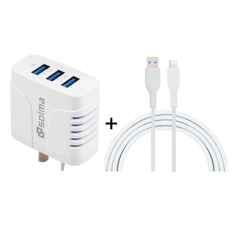 Solma 2 in 1 6.2A 3 USB Ports Travel Charger + Data Cable Set USB to 8 PIN to 8 PIN AU PLUG