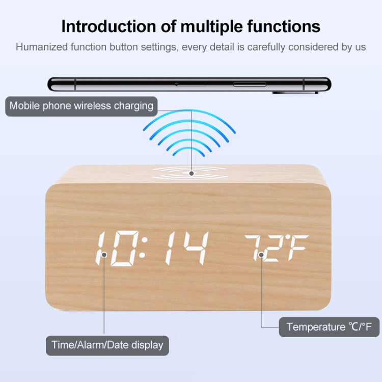 KD8801 5W Creative Wireless Charger Wooden LED Digital Display Sub-alarm Sub-alarm Clock Regular Style (Rosewood White Characters)