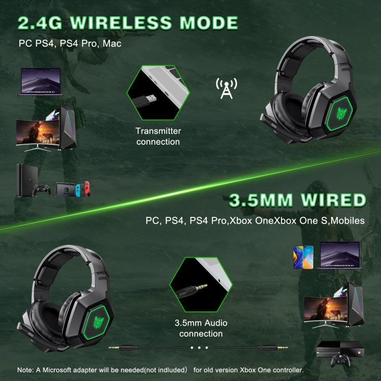 Onikuma K10 2.4G Green Light Wireless Gaming Headset with Microphone