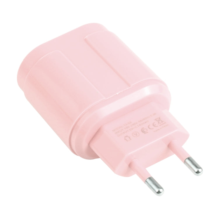 13-22 2.1A Dual USB Macaroni Travel Charger EU Plug (Pink)