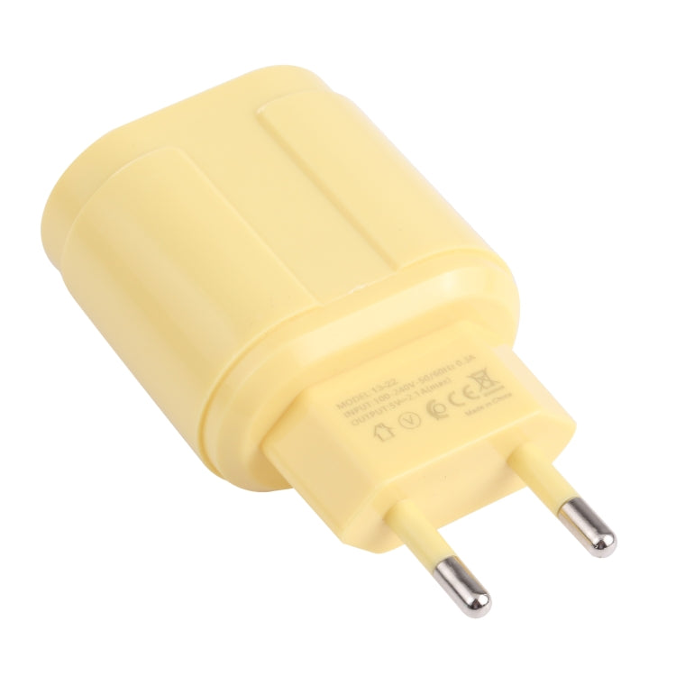 13-22 2.1A Dual USB Macaroni Travel Charger EU Plug (Yellow)