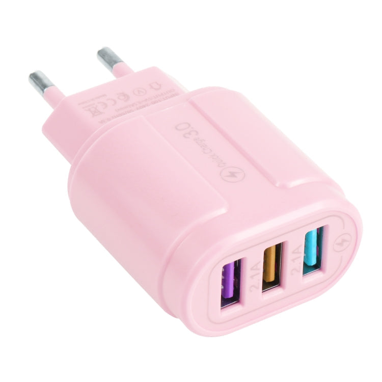 13-222 QC3.0 USB + 2.1A Dual USB Port Macarons Travel Charger EU Plug (Pink)