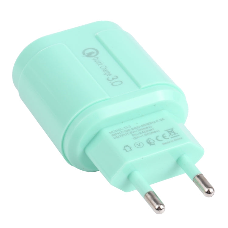 13-222 QC3.0 USB + 2.1A Cargador DE ViajeS DE Puertos DE USB Dual TAPÓN DE LA UE (Verde)