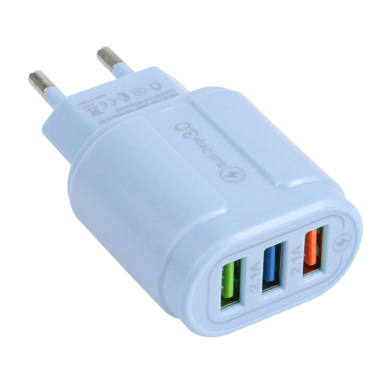 13-222 QC3.0 USB + 2.1A Dual USB Port Macarons Reiseladegerät EU Stecker (Blau)