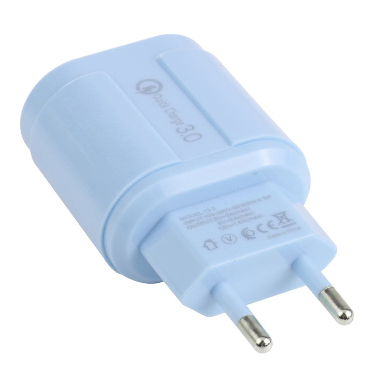 13-222 QC3.0 USB + 2.1A Puerto USB Dual Macarons Cargador de Viaje Enchufe de la UE (Azul)