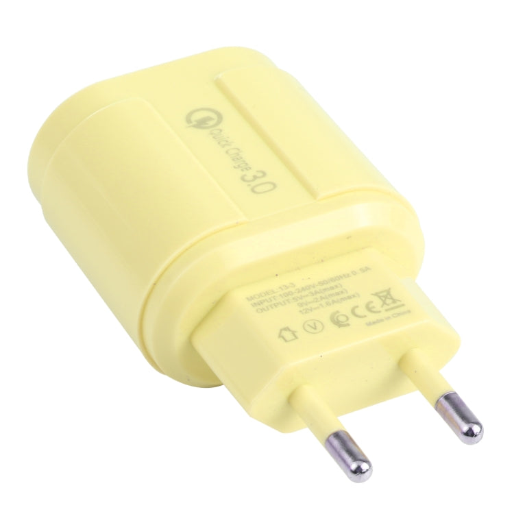 13-222 QC3.0 USB + 2.1A Dual USB Port Macarons Travel Charger EU Plug (Yellow)