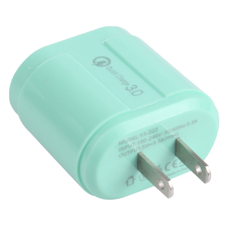 13-222 QC3.0 USB + 2.1A Dual USB Port Macarons Travel Charger US Plug (Green)