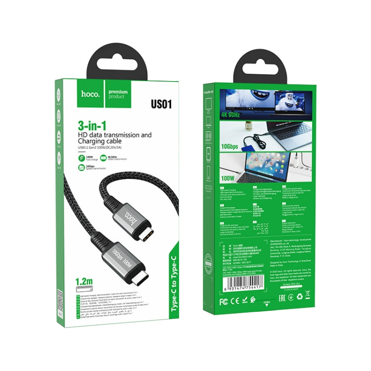 Hoco US01 USB3.1 Gen2 10GBPS 100W Transmisión de alta velocidad HD de Carga Cable de Carga Longitud: 1.2m (Negro)