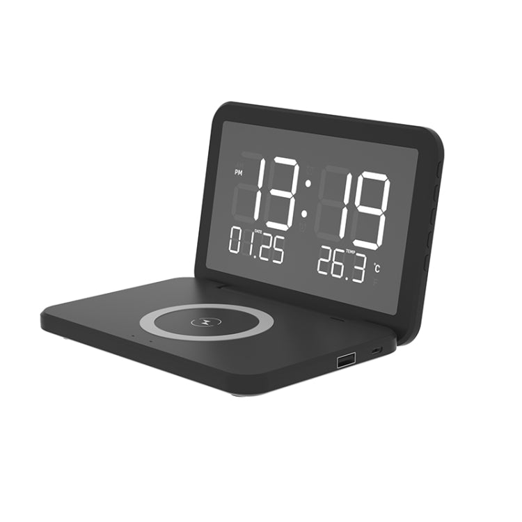 SY-118 15W Folding Mirror Mirror Surface Perpetual Calendar Clock Wireless Charger with Alarm Clock and Three Level Brightness Adjustable Function (Black)
