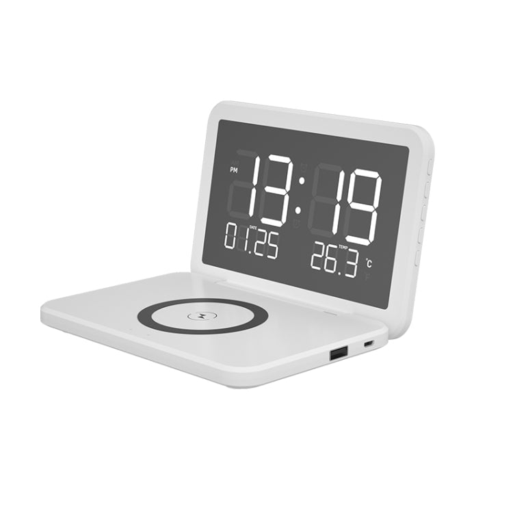 SY-118 15W Folding Mirror Surface Desktop Perpetual Calendar Clock Wireless Charger with Alarm Clock and Three Level Brightness Adjustable Space (White)