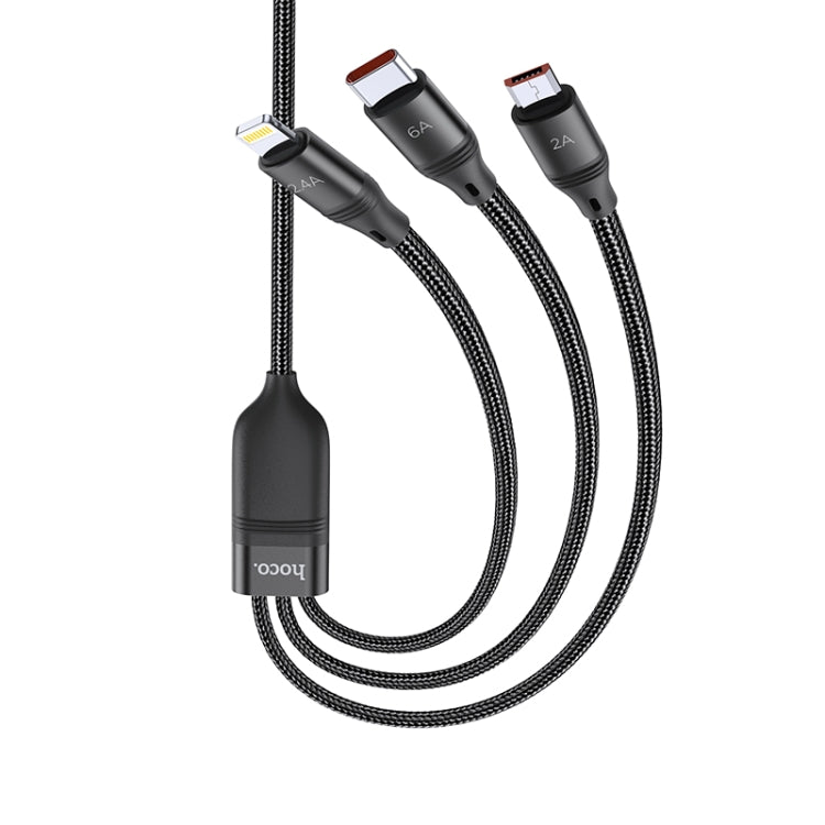 Câble de charge rapide USB Hoco U104 Ultra 3 en 1 6A Câble USB vers 8 broches + Micro USB + USB-C / TYPE-C Longueur du câble : 1,2 m (Noir)