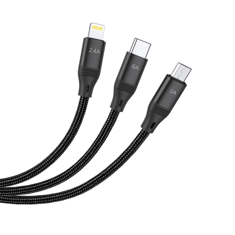Câble de charge rapide USB Hoco U104 Ultra 3 en 1 6A Câble USB vers 8 broches + Micro USB + USB-C / TYPE-C Longueur du câble : 1,2 m (Noir)