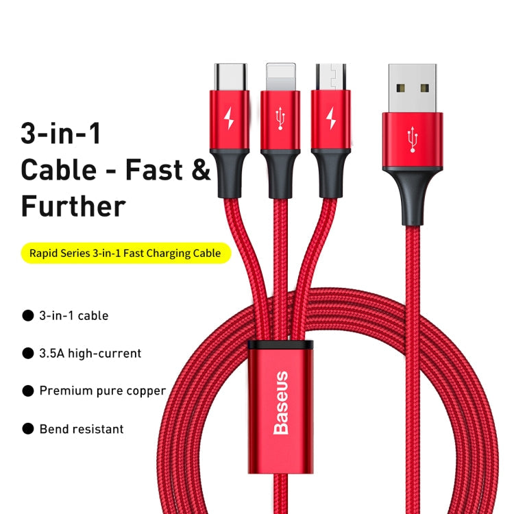 Baseus CAJS000009 Rapid Series 3.5A USB a 8 PIN + USB-C / Tipo-C + Micro USB Cable de Datos Longitud del Cable: 1.2cm (Rojo)