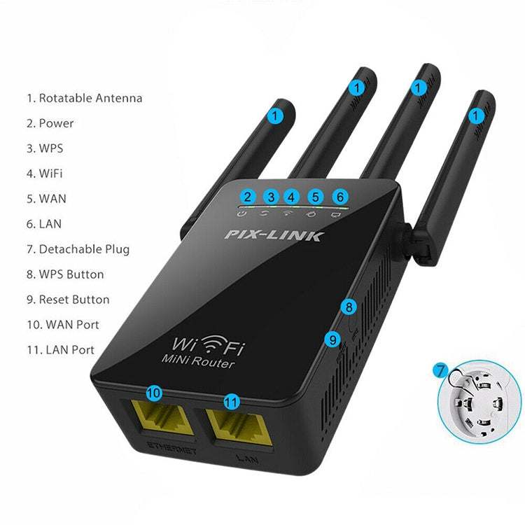 Wireless Smart WiFi Router Repeater with 4 WiFi Antennas Plug Specification: US Plug (Black)