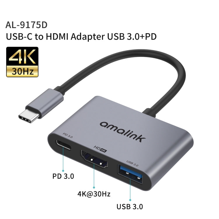 Amalink 9175D Tipo-C / USB-C a HDMI + Adaptador USB 3.0 + PD HUB (Gris)