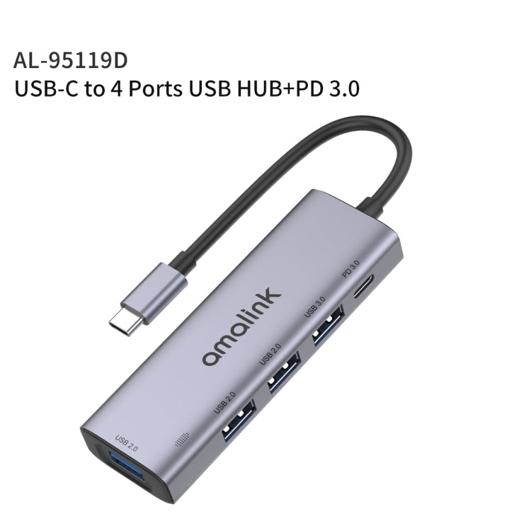 Amalink 95119D Type-C / USB-C to 4 USB Ports + PD 3.0 Multi-function Hub Docking Station (Grey)