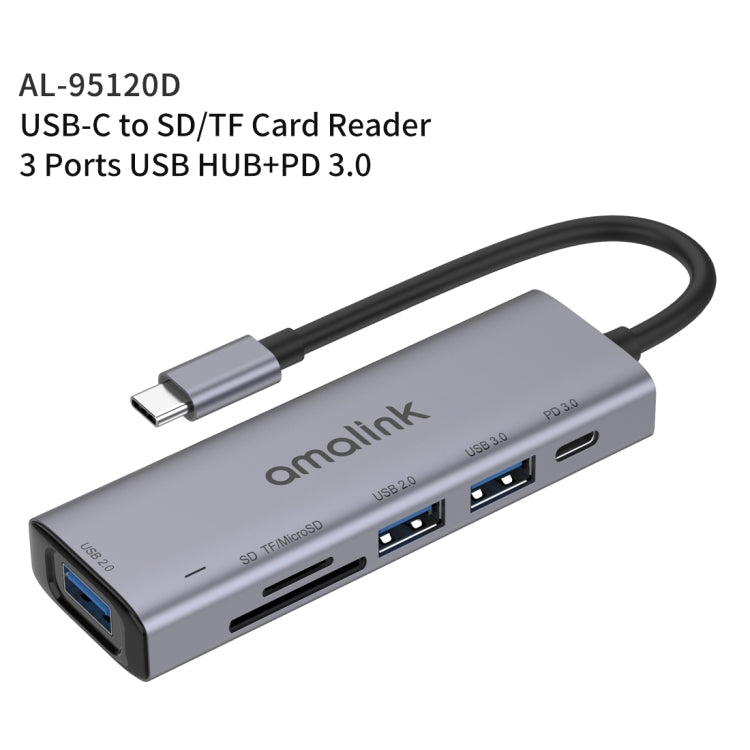 Amalink 95120D Tipo-C / USB-C a SD / TF + 3 Puertos USB + PD 3.0 Hub multifunción (Gris)