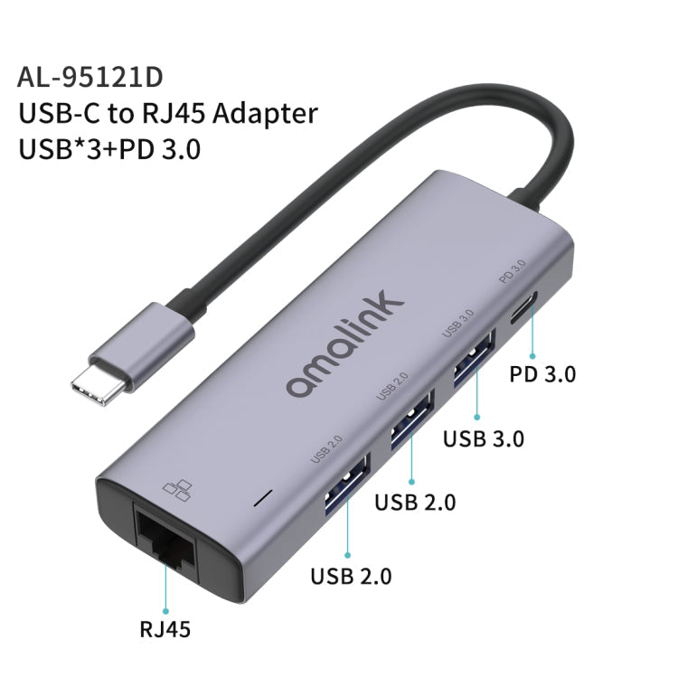 Amalink 95121D Type-C / USB-C vers RJ45 + 3 Ports USB + Hub Multifonction PD 3.0 (Gris)