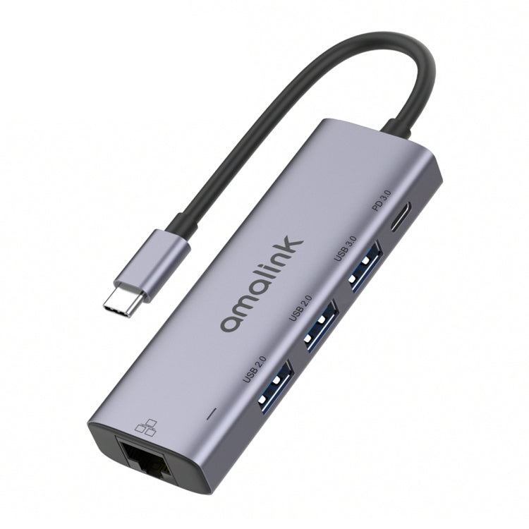 Amalink 95121D Tipo-C / USB-C a RJ45 + 3 Puertos USB + PD 3.0 Hub multifunción (Gris)
