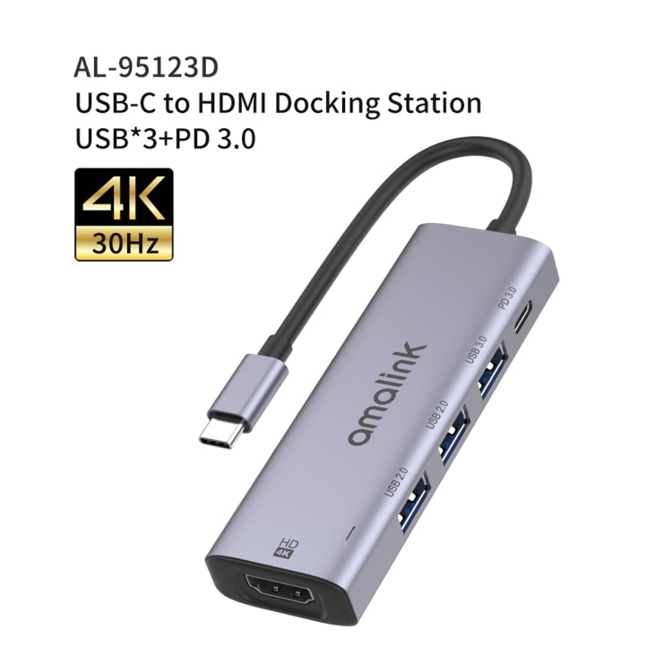 amalink 95123D Type-C / USB-C to HDMI + 3 USB Ports + PD 3.0 Multifunction Hub (Grey)