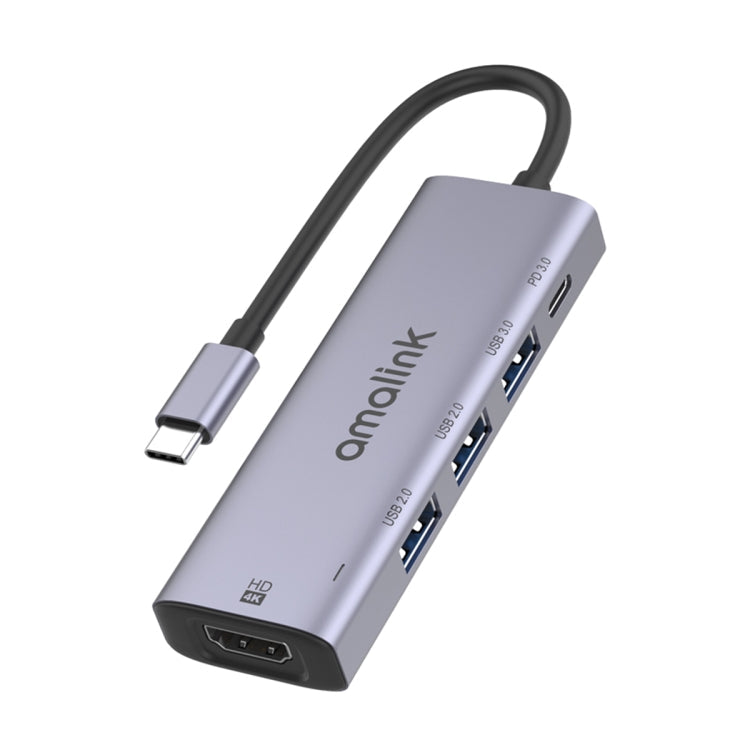 amalink 95123D Tipo-C / USB-C a HDMI + 3 Puertos USB + PD 3.0 Hub multifunción (Gris)