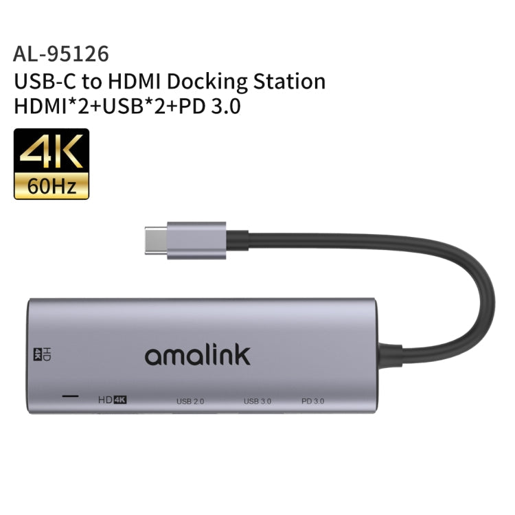 amalink 95126 Type-C / USB-C vers Double HDMI + 2 Ports USB + Hub Multifonction PD 3.0 (Gris)